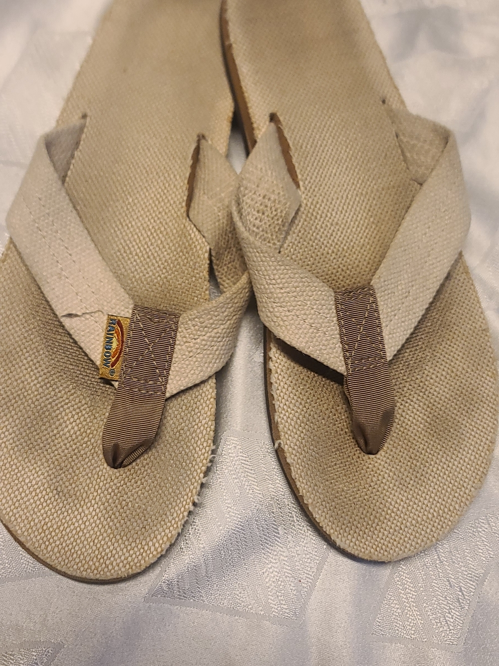 Rainbow Beige Canvas Flip Flops with Brown Accents
